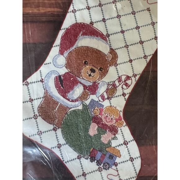 NEW Vintage Bucilla Santa Bear Stamped Cross Stitch Stocking Kit 18” NIP - Picture 2 of 7